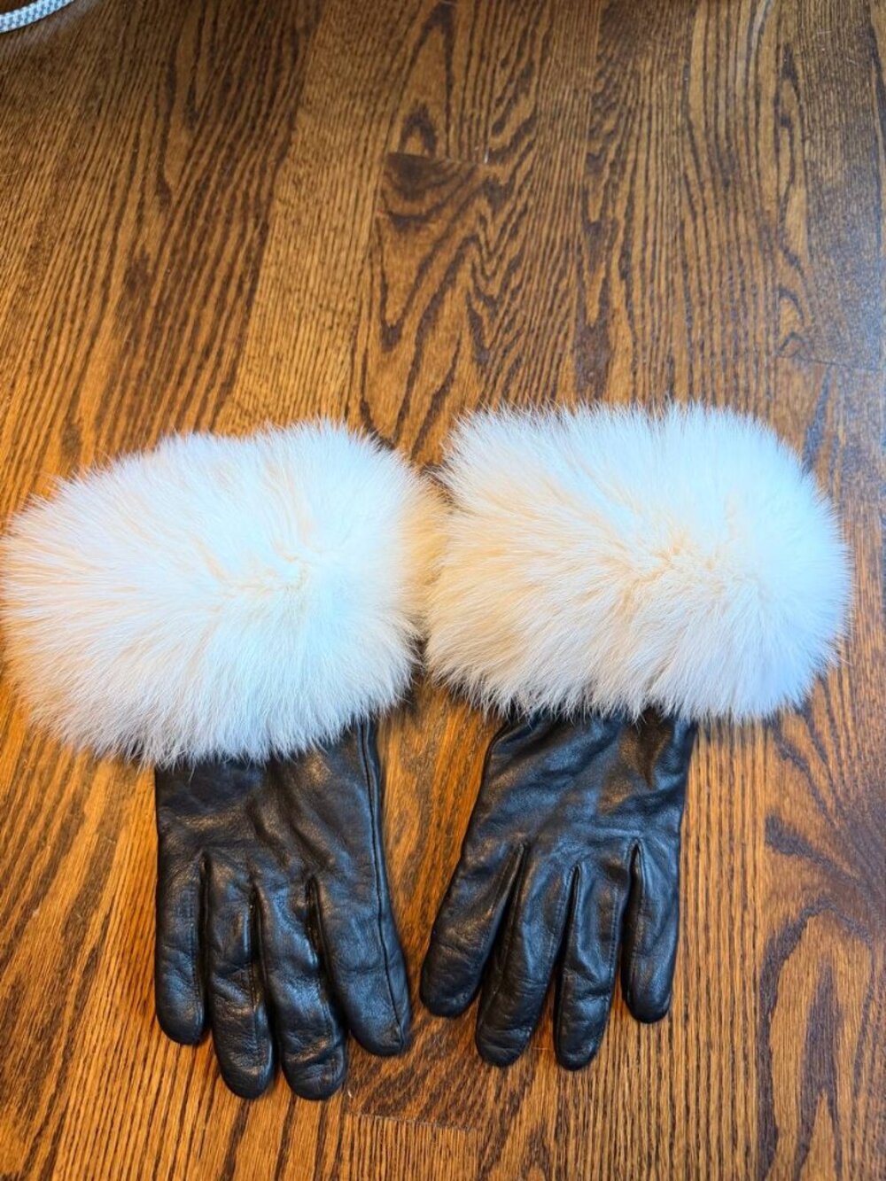 Black Genuine Leather Gloves with White Real Fur Cuffs